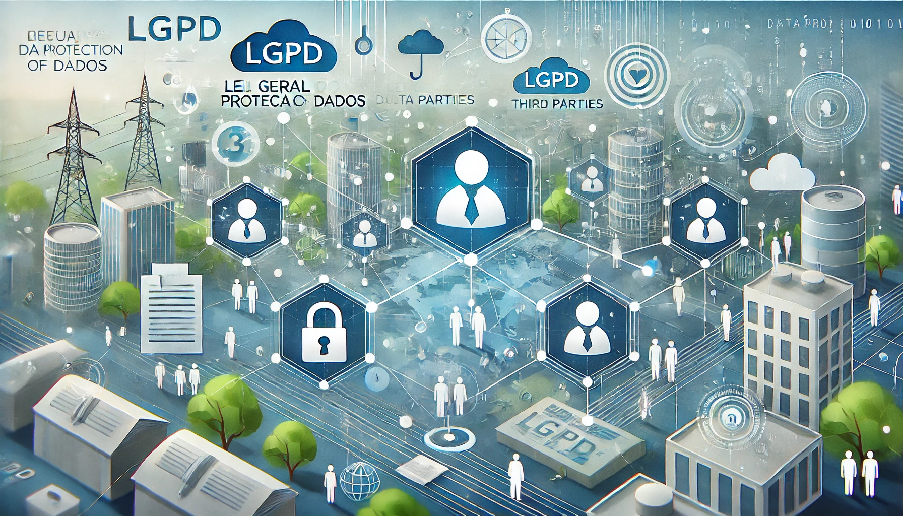 Ilustração da LGPD mostrando a proteção e o fluxo de dados em um ambiente digital e urbano