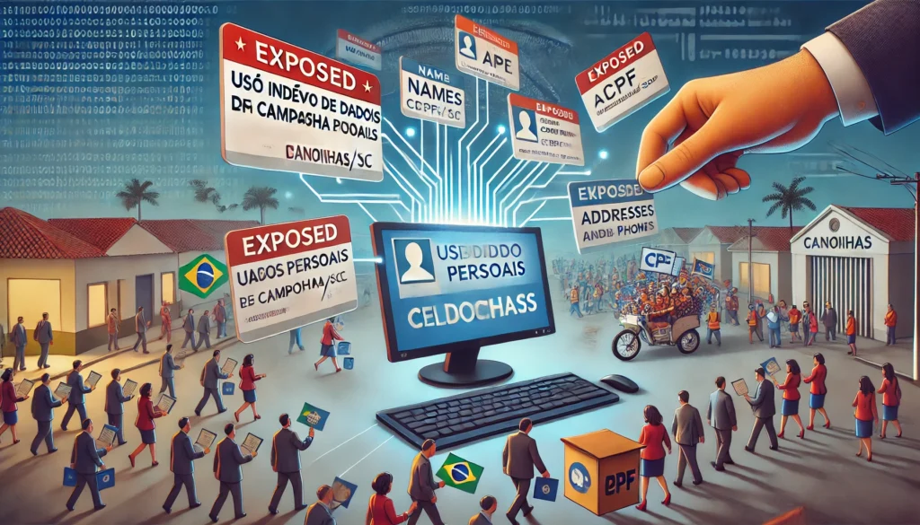 Imagem ilustrativa representando o uso indevido de dados pessoais em uma campanha eleitoral na cidade de Canoinhas/SC. A imagem mostra dados sensíveis, como nome, CPF, endereços e telefones, sendo expostos em um cenário político, com cidadãos carregando panfletos e dados vazados em meio a um ambiente de campanha eleitoral.