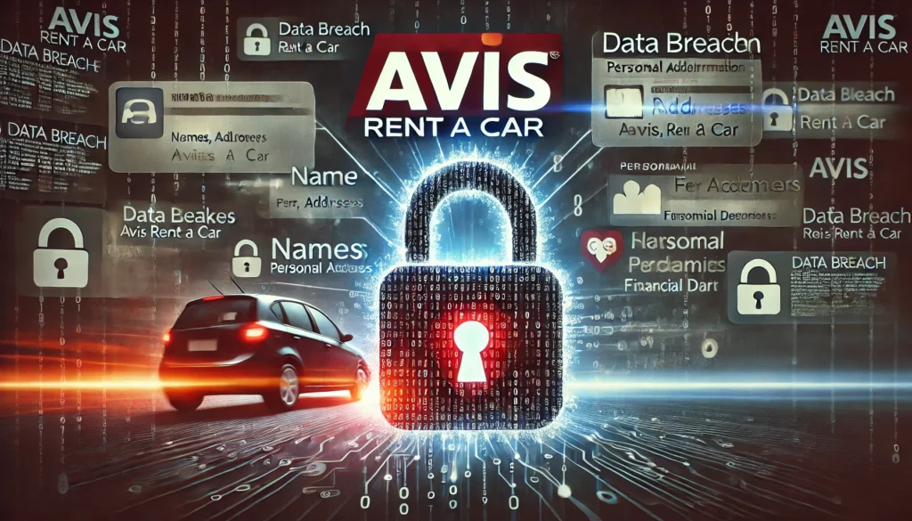 Uma representação visual de um vazamento de dados da Avis Rent A Car, destacando o acesso não autorizado a informações pessoais, com um cadeado digital sendo desbloqueado em um cenário tecnológico.