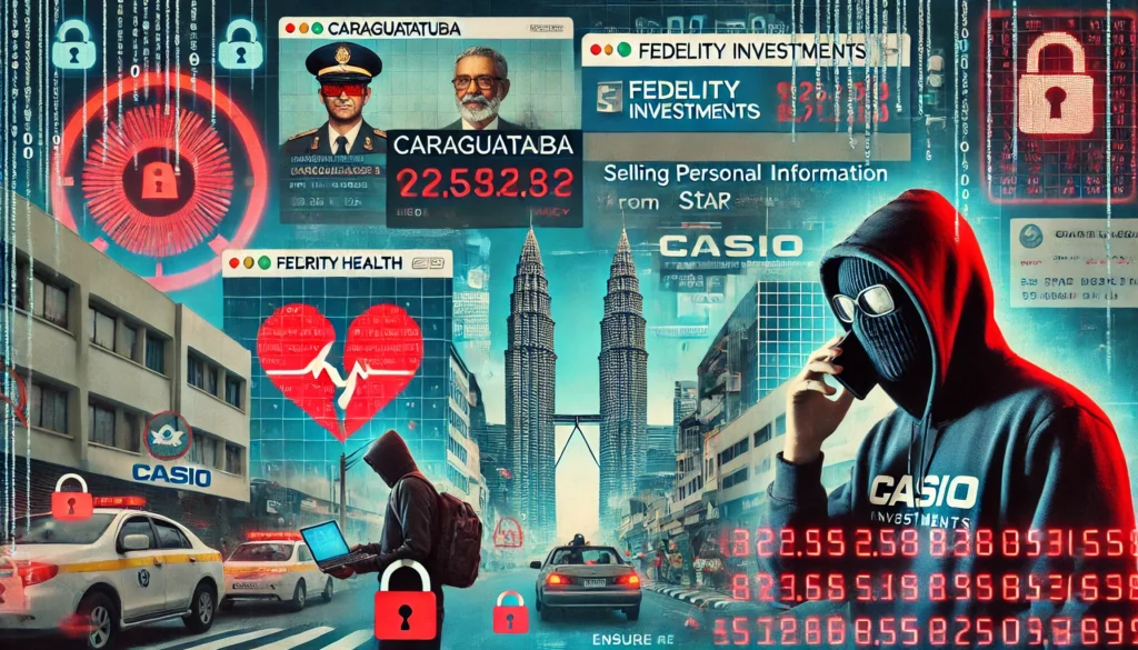 Colagem digital retratando fraudes em Caraguatatuba, vazamento de dados da Fidelity Investments, venda de dados médicos da Star Health e o ataque cibernético à Casio.