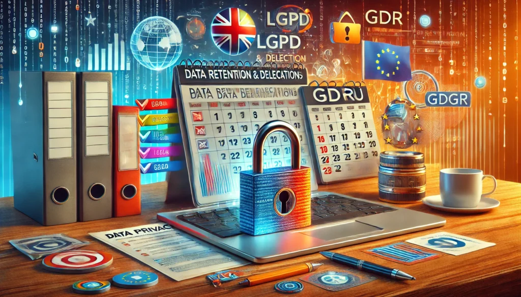 Imagem de políticas de retenção e exclusão de dados com cadeado digital, calendário de prazos e ícones de privacidade, representando conformidade com a LGPD e GDPR.