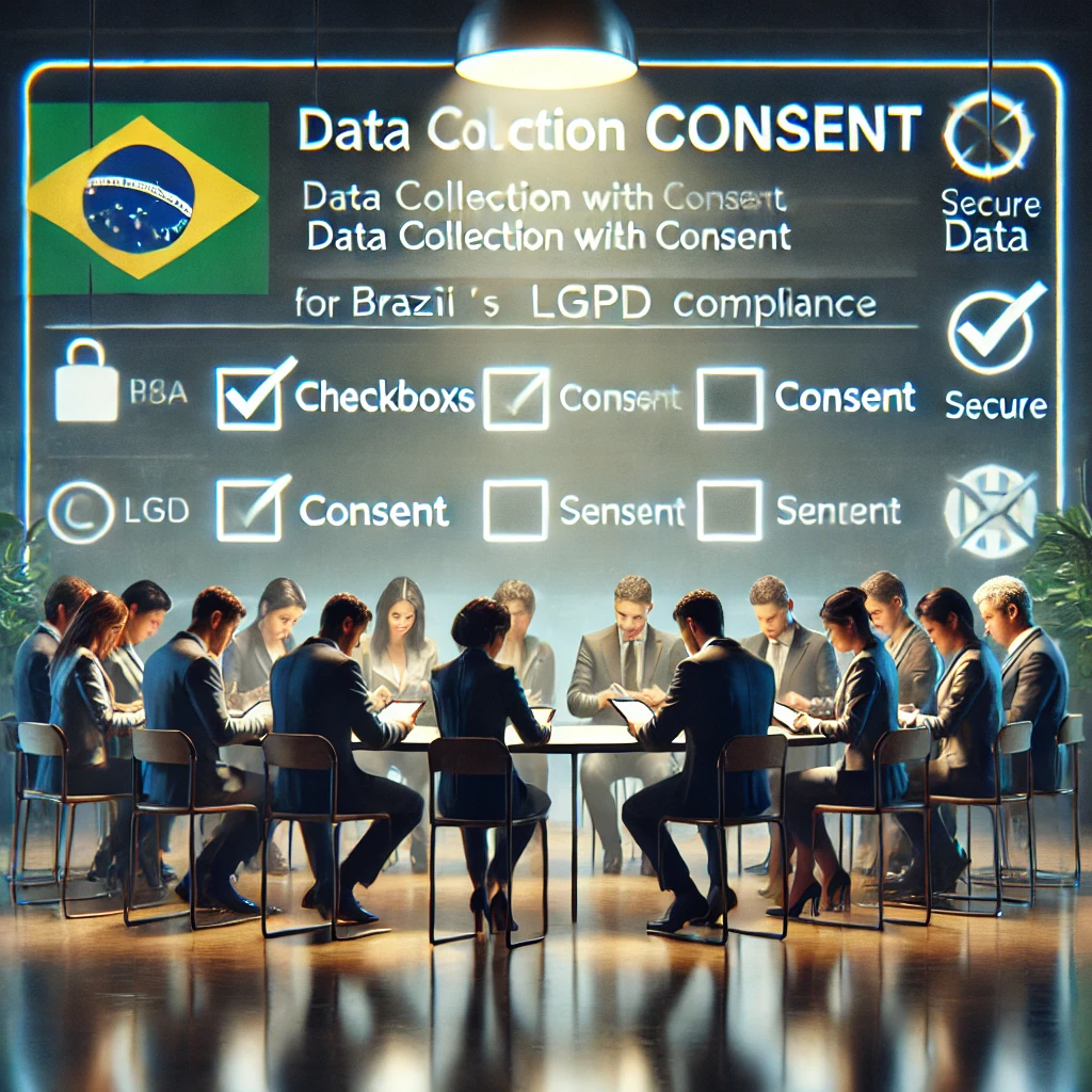 Pessoas em um ambiente corporativo assinando formulários de consentimento digital em tablets, com elementos visuais como o símbolo da LGPD, bandeira do Brasil e ícones de segurança de dados ao fundo, simbolizando a conformidade com a Lei Geral de Proteção de Dados.