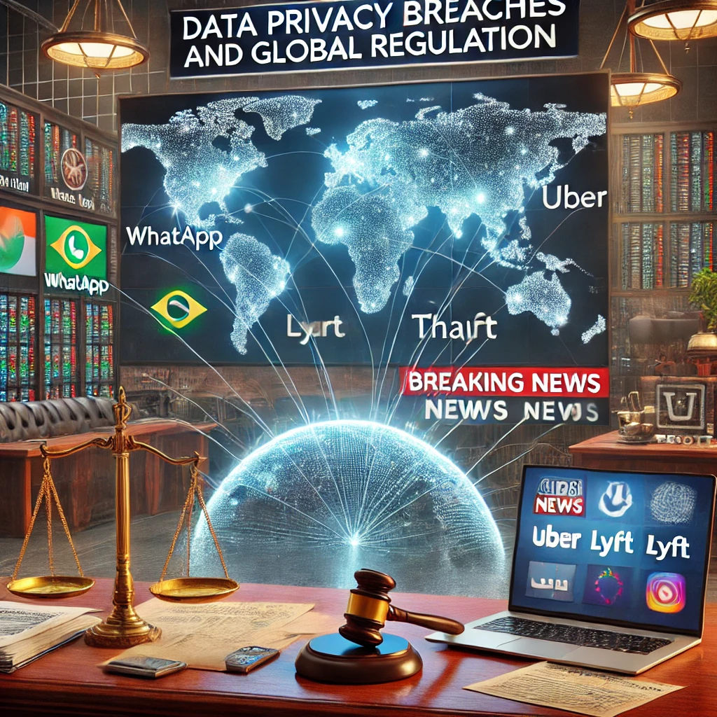 Um laptop, documentos e símbolos legais, como balanças e martelos, estão sobre uma mesa de redação, enquanto logos de empresas como WhatsApp, Uber, Lyft e Marriott aparecem sutilmente no fundo.