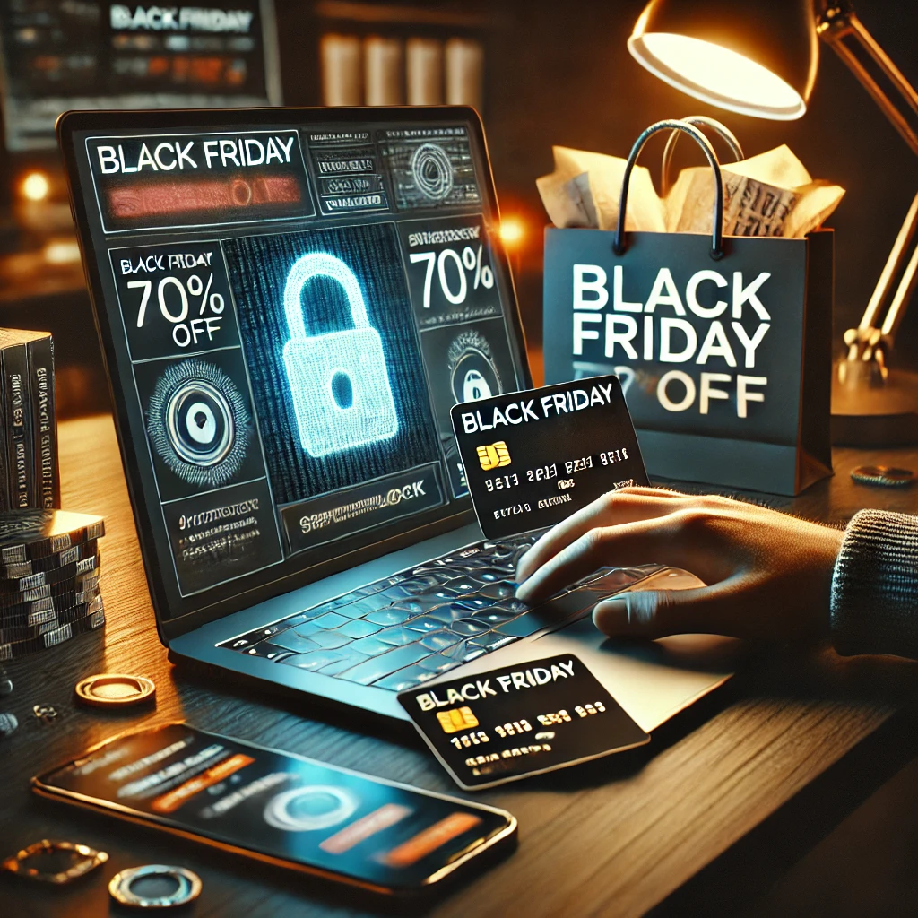 Laptop exibindo um alerta de segurança cibernética ao lado de itens promocionais da Black Friday, incluindo sacolas com etiquetas de desconto, cartões de crédito e um smartphone. A cena enfatiza a segurança digital durante compras online.