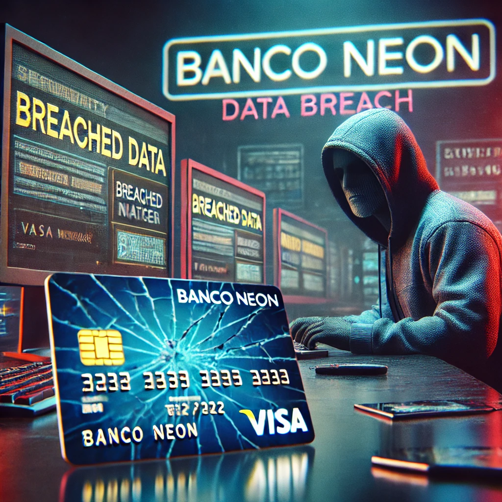 Imagem ilustrando um ataque cibernético ao Banco Neon. Um hacker encapuzado está diante de monitores exibindo alertas de violação de segurança. Em primeiro plano, um cartão Banco Neon rachado representa a falha na proteção dos dados financeiros dos clientes.