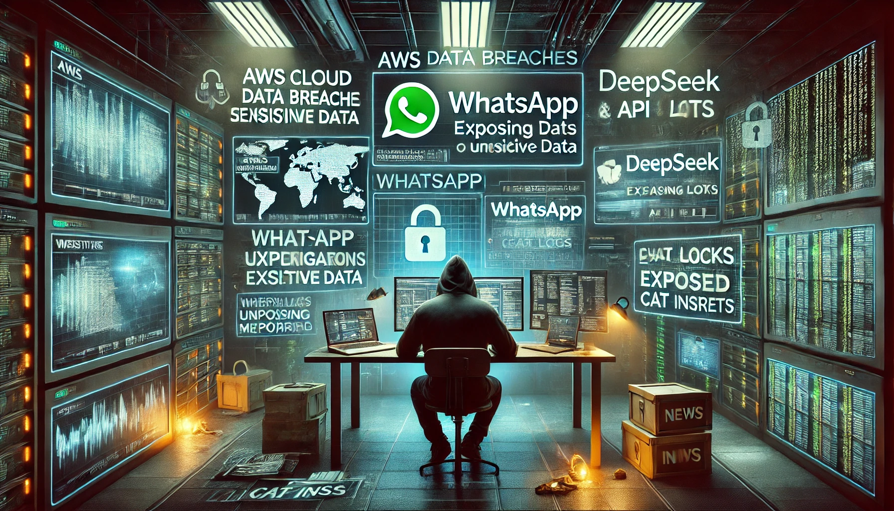 Imagem realista e profissional representando falhas de segurança cibernética. Um hacker monitora múltiplas telas exibindo vazamentos de dados relacionados à AWS, WhatsApp, DeepSeek e CAT INSS. O ambiente digital destaca informações expostas, cadeados digitais quebrados e um ticker de notícias mencionando os incidentes de privacidade.