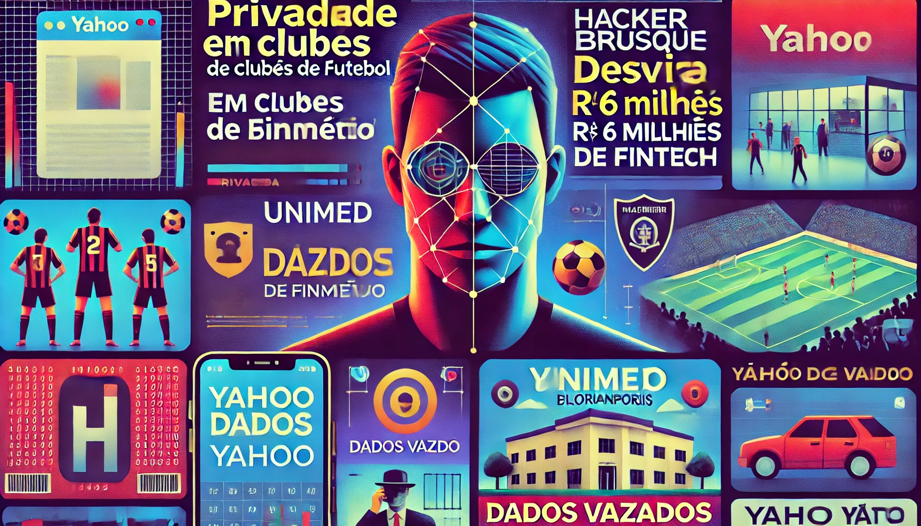 Imagem dividida em quatro seções, representando: segurança biométrica em clubes de futebol com scanner facial, um hacker realizando transações financeiras ilegais, alerta de ciberataque na Unimed Brusque e o logotipo do Yahoo obscurecido por códigos digitais, simbolizando vazamento de dados.