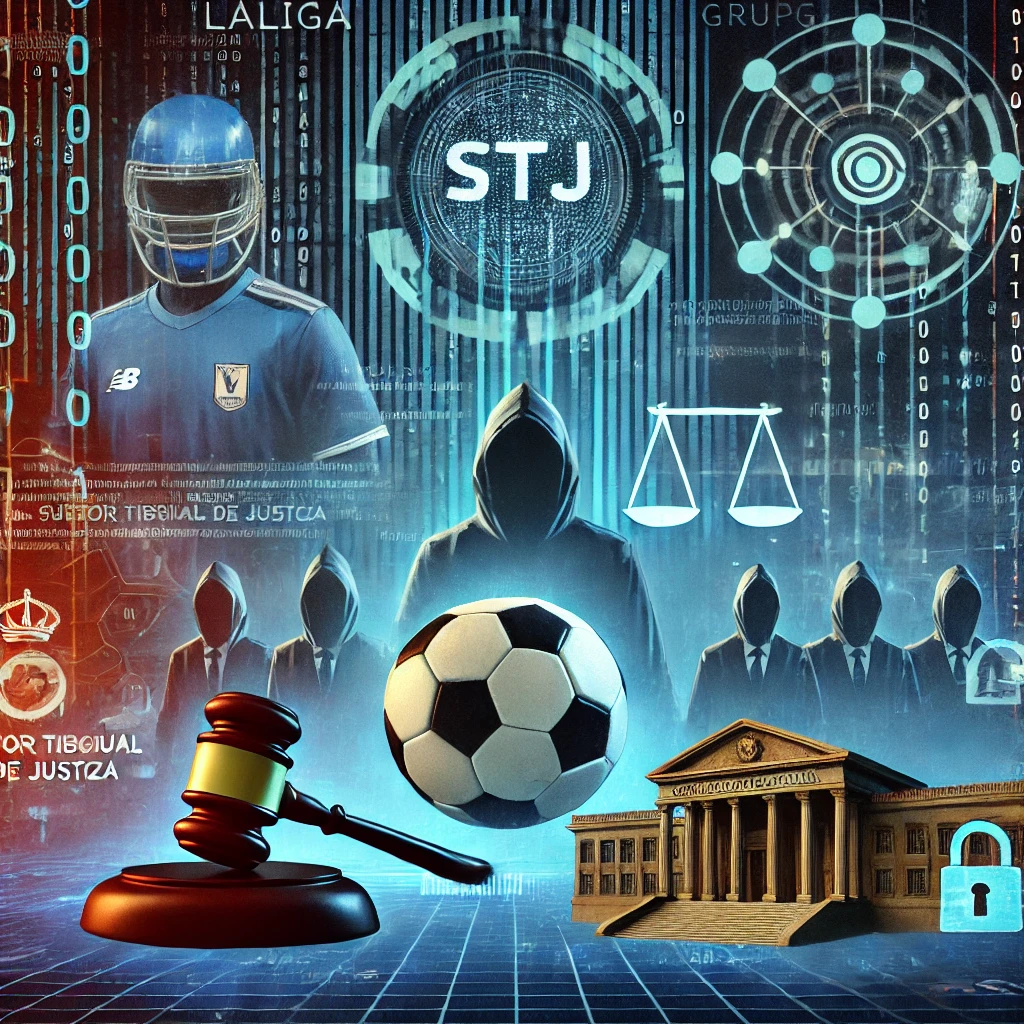 Ilustração digital representando preocupações com privacidade e segurança cibernética em LaLiga, STJ (Superior Tribunal de Justiça), Grupo Orange e Prefeitura de Ivinhema. A imagem inclui um hacker em segundo plano, códigos binários, vazamento de dados e ícones representando cada entidade em um cenário futurista de cibersegurança.