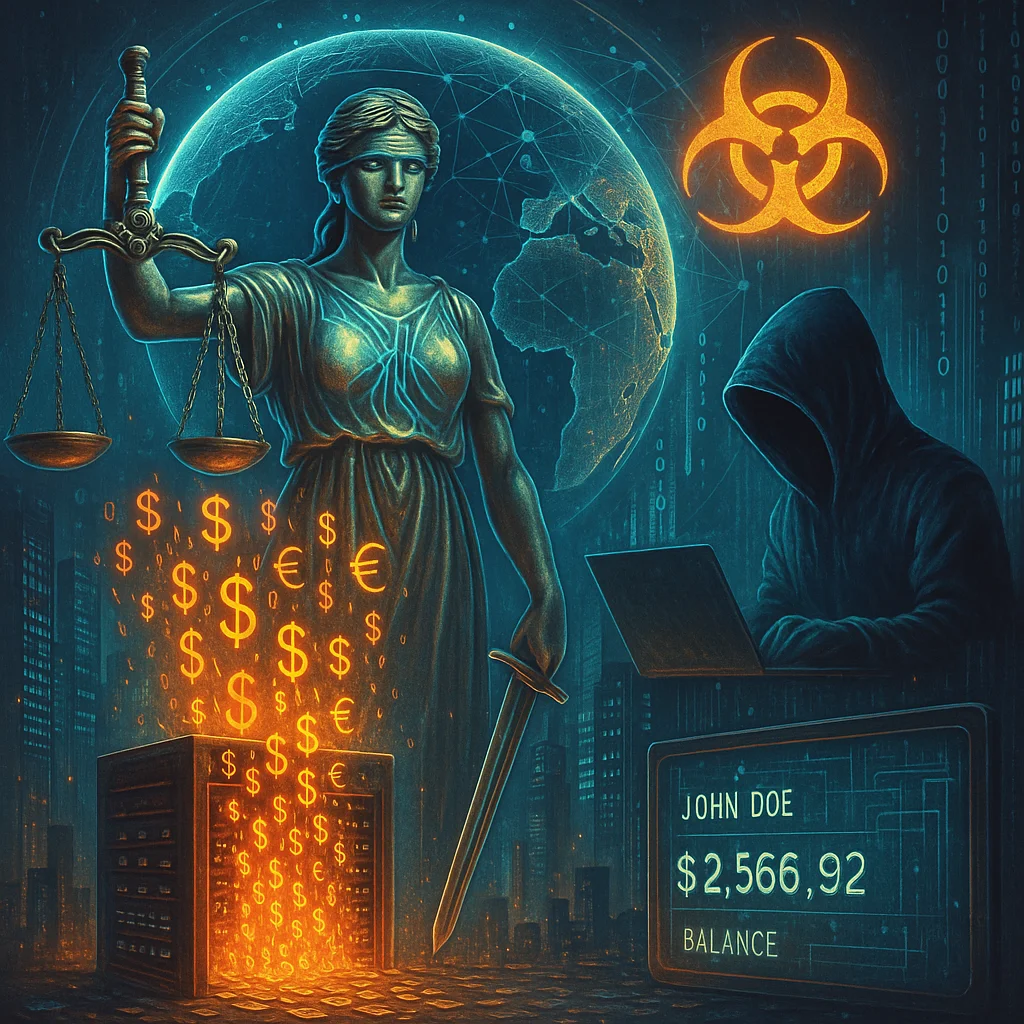 Ilustração digital futurista que retrata o tema de segurança cibernética e vazamento de dados financeiros. No centro da imagem, a estátua da Justiça (representando o STF) segura a balança e uma espada, diante de um servidor aberto do qual moedas em símbolos de dólar ($) e euro (€) escapam em forma de luz. À direita, um hacker de capuz manipula um laptop, enquanto, ao fundo, um globo terrestre iluminado por redes digitais destaca a dimensão global das ameaças. Elementos como ícones de alerta biológico reforçam o clima de crise e urgência.