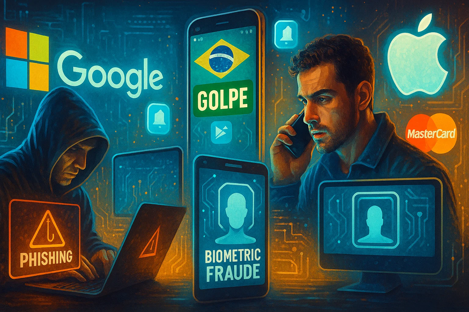 Imagem futurista mostra empresas como Microsoft, Google, Apple e Mastercard cercadas por ameaças digitais, incluindo phishing, golpe via WhatsApp, fraude biométrica e ataques cibernéticos, com destaque para ícones e alertas em telas digitais vibrantes.