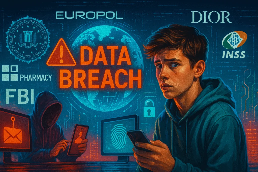 Imagem futurista mostra um adolescente preocupado diante de alertas de vazamento de dados, com destaque para FBI, Europol, INSS, DIOR, farmácia e ícones de biometria e phishing em um cenário digital realista.