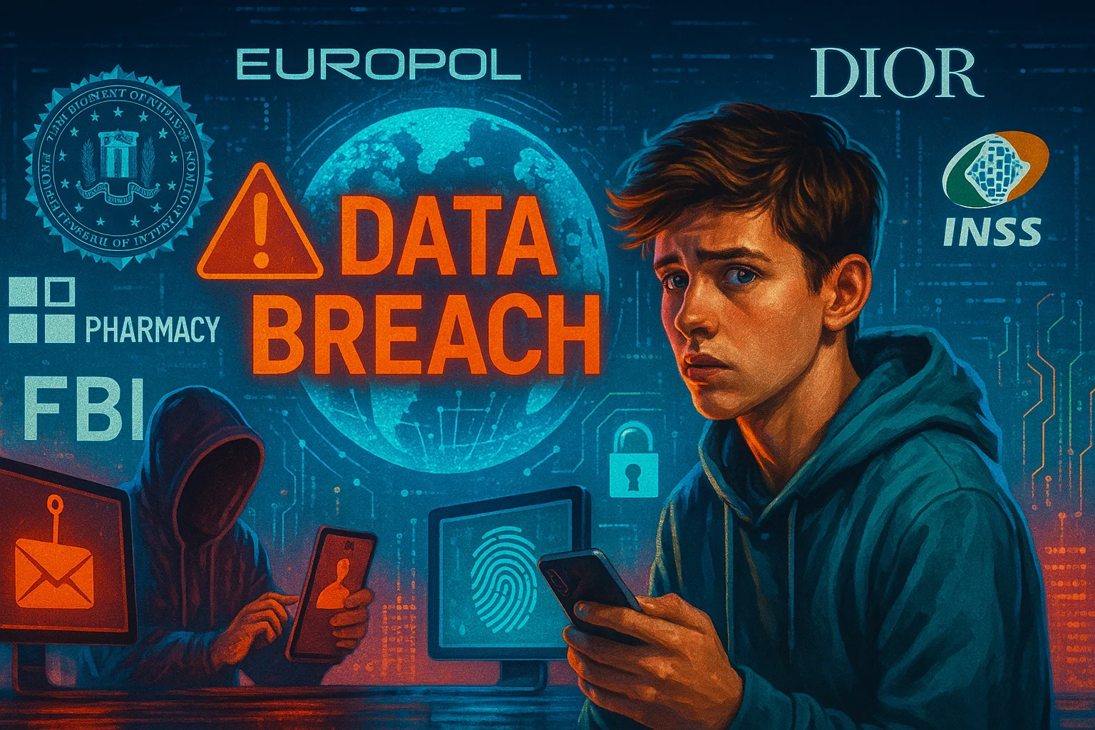 Imagem futurista mostra um adolescente preocupado diante de alertas de vazamento de dados, com destaque para FBI, Europol, INSS, DIOR, farmácia e ícones de biometria e phishing em um cenário digital realista.