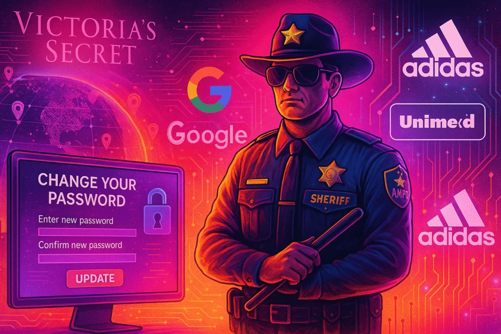 Imagem futurista em tons de rosa e roxo mostra um agente da ANPD como guardião de plataformas digitais, ao lado de logos da Google, Adidas e Victoria's Secret, Unimed, com destaque para uma tela de atualização de senha.