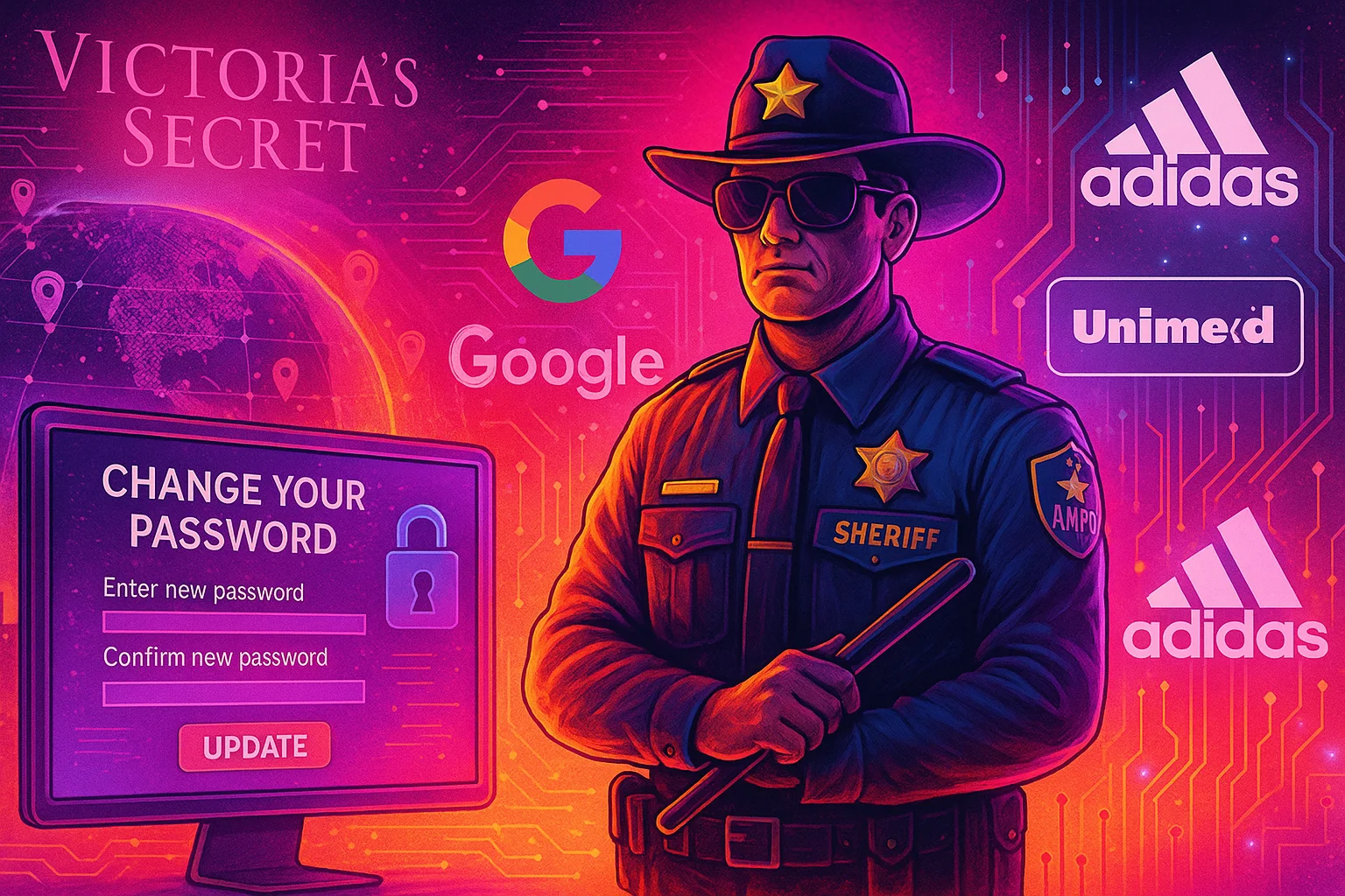 Imagem futurista em tons de rosa e roxo mostra um agente da ANPD como guardião de plataformas digitais, ao lado de logos da Google, Adidas e Victoria's Secret, Unimed, com destaque para uma tela de atualização de senha.