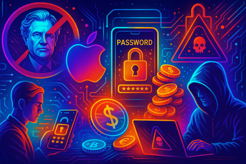Ilustração futurista e colorida mostra temas como veto presidencial, espionagem via Apple, segurança de senhas, vazamento de dados financeiros e ataque hacker, com ícones brilhantes e cenário digital vibrante.