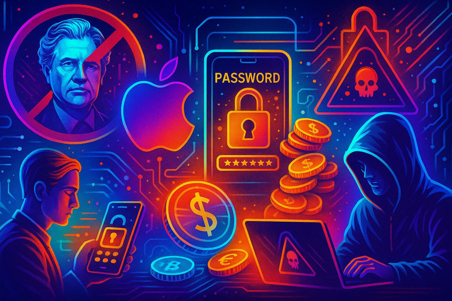 Ilustração futurista e colorida mostra temas como veto presidencial, espionagem via Apple, segurança de senhas, vazamento de dados financeiros e ataque hacker, com ícones brilhantes e cenário digital vibrante.