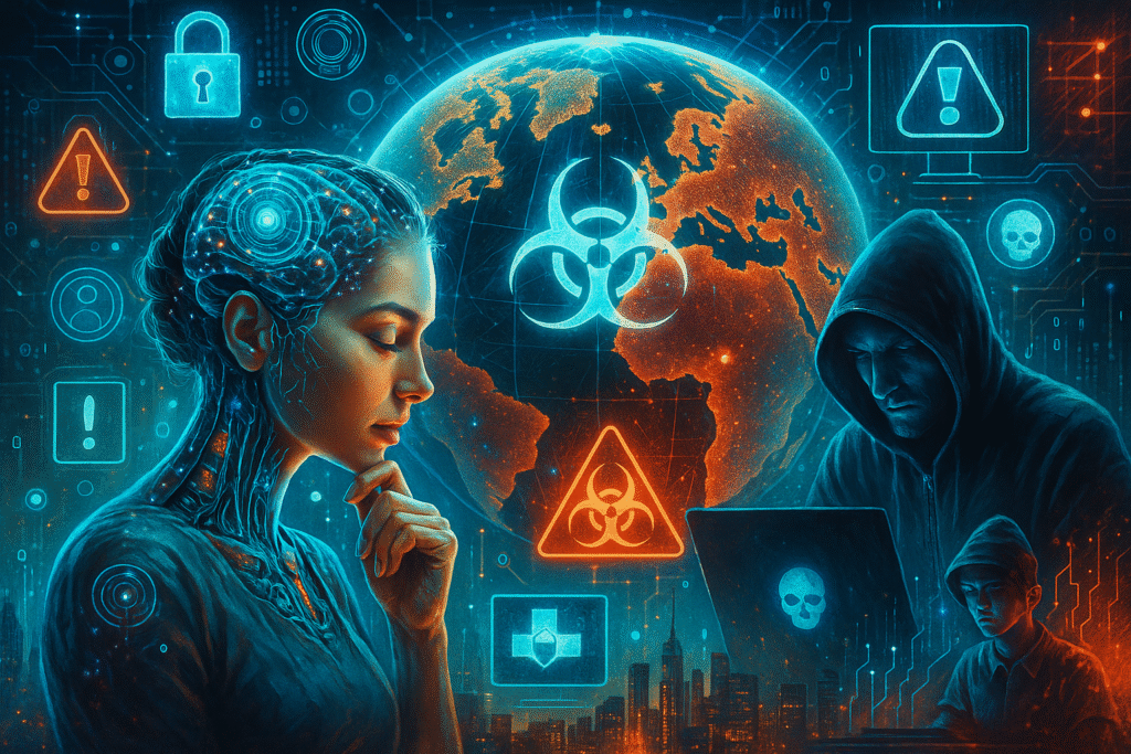 Ilustração futurista mostra uma mulher com cérebro cibernético brilhando em azul, simbolizando neurotecnologias, ao lado de um globo terrestre com ícones de alerta e ameaças digitais. À direita, dois hackers encapuzados operam computadores, cercados por símbolos de perigo, cadeados e caveiras. Ao fundo, uma cidade iluminada por circuitos digitais representa o cenário global de riscos cibernéticos associados à tecnologia neural.
