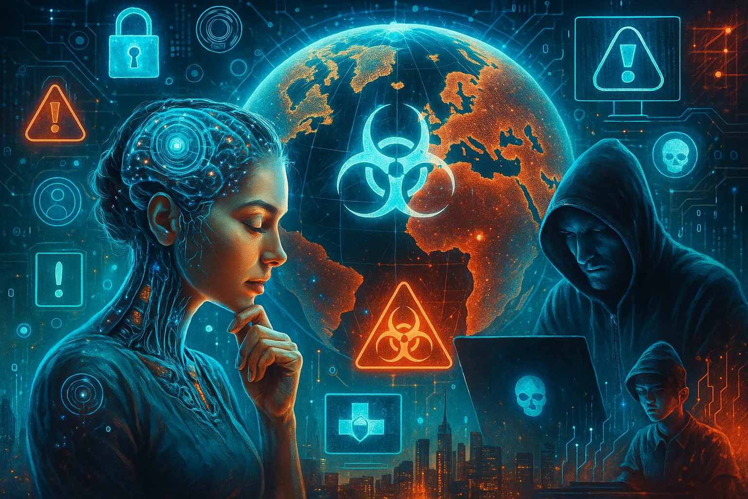 Ilustração futurista mostra uma mulher com cérebro cibernético brilhando em azul, simbolizando neurotecnologias, ao lado de um globo terrestre com ícones de alerta e ameaças digitais. À direita, dois hackers encapuzados operam computadores, cercados por símbolos de perigo, cadeados e caveiras. Ao fundo, uma cidade iluminada por circuitos digitais representa o cenário global de riscos cibernéticos associados à tecnologia neural.
