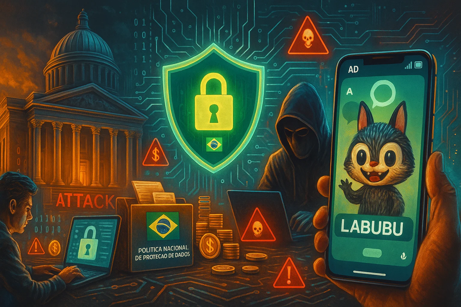 Ilustração digital futurista mostra um tribunal clássico sendo alvo de um ataque hacker, com a palavra “ATTACK” em vermelho na fachada. Ao centro, um escudo brilhante com um cadeado e a bandeira do Brasil representa a Política Nacional de Proteção de Dados. À direita, um hacker encapuzado digita em um laptop cercado por ícones de alerta e moedas. Em primeiro plano, uma mão segura um celular exibindo um anúncio com o personagem Labubu no WhatsApp, simbolizando fraudes e golpes virtuais em plataformas de mensagens. O fundo é composto por circuitos e elementos digitais em tons vibrantes.