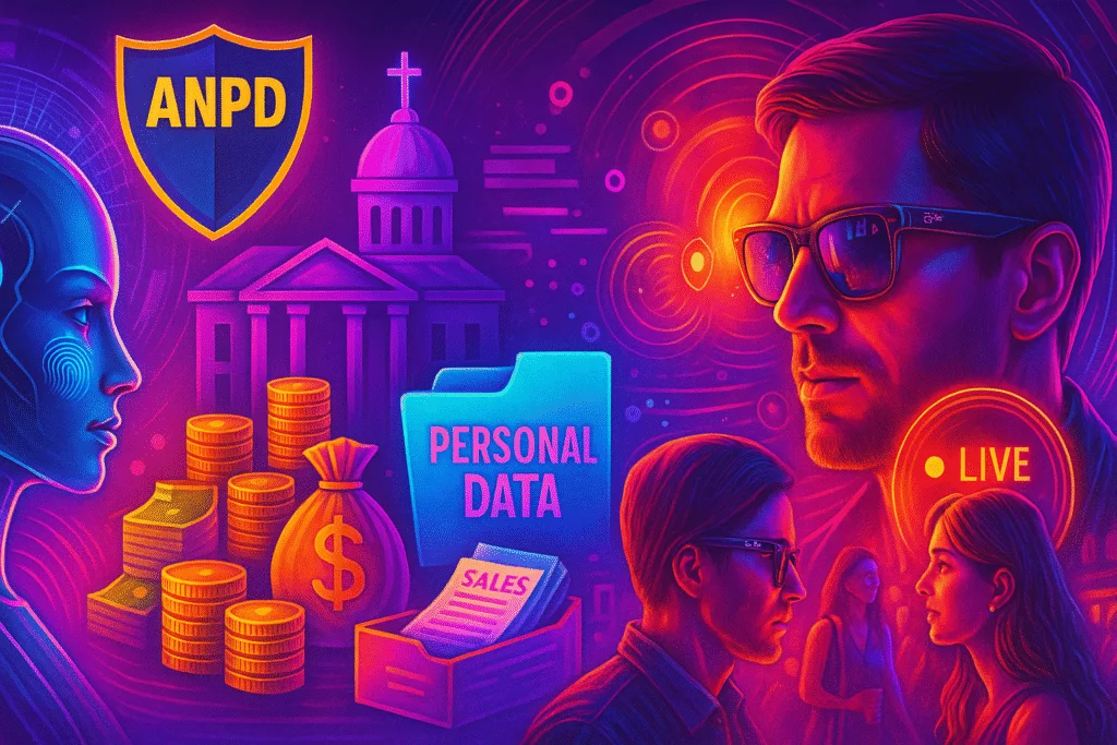 Imagem futurista mostra a ANPD diante de temas como biometria, venda de dados, isenção institucional e vigilância abusiva, com destaque para um homem com óculos filmando mulheres em tempo real.