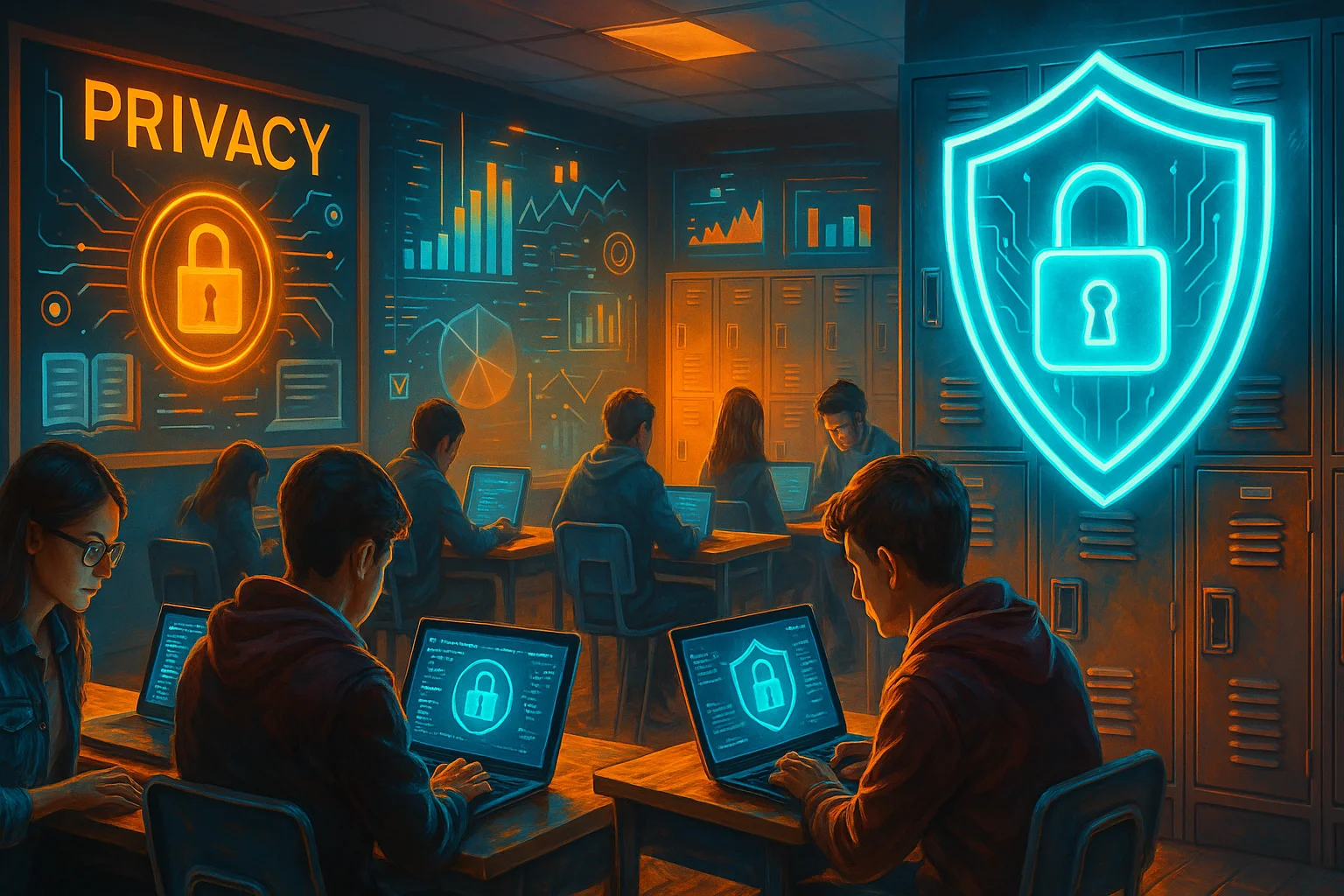 Imagem futurista mostra alunos em sala de aula utilizando computadores, com ícones de cadeado e escudos luminosos representando privacidade e proteção de dados. Armários e gráficos digitais reforçam o ambiente educacional seguro e tecnológico.