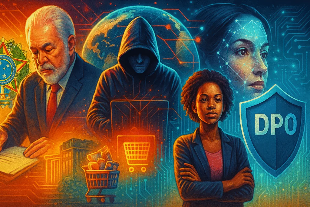 Ilustração futurista e vibrante retrata cinco cenas interligadas sobre privacidade e segurança digital: servidores invadidos, biometria em programas sociais, vigilância com reconhecimento facial, uso indevido de dados em redes sociais e um DPO supervisionando o cenário tecnológico. Tudo isso ambientado com estética realista e luzes intensas em tons de azul e magenta.