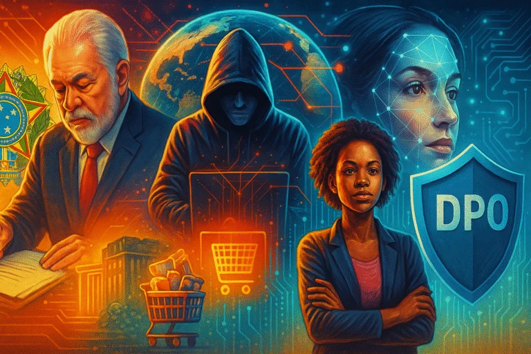 Ilustração futurista e vibrante retrata cinco cenas interligadas sobre privacidade e segurança digital: servidores invadidos, biometria em programas sociais, vigilância com reconhecimento facial, uso indevido de dados em redes sociais e um DPO supervisionando o cenário tecnológico. Tudo isso ambientado com estética realista e luzes intensas em tons de azul e magenta.