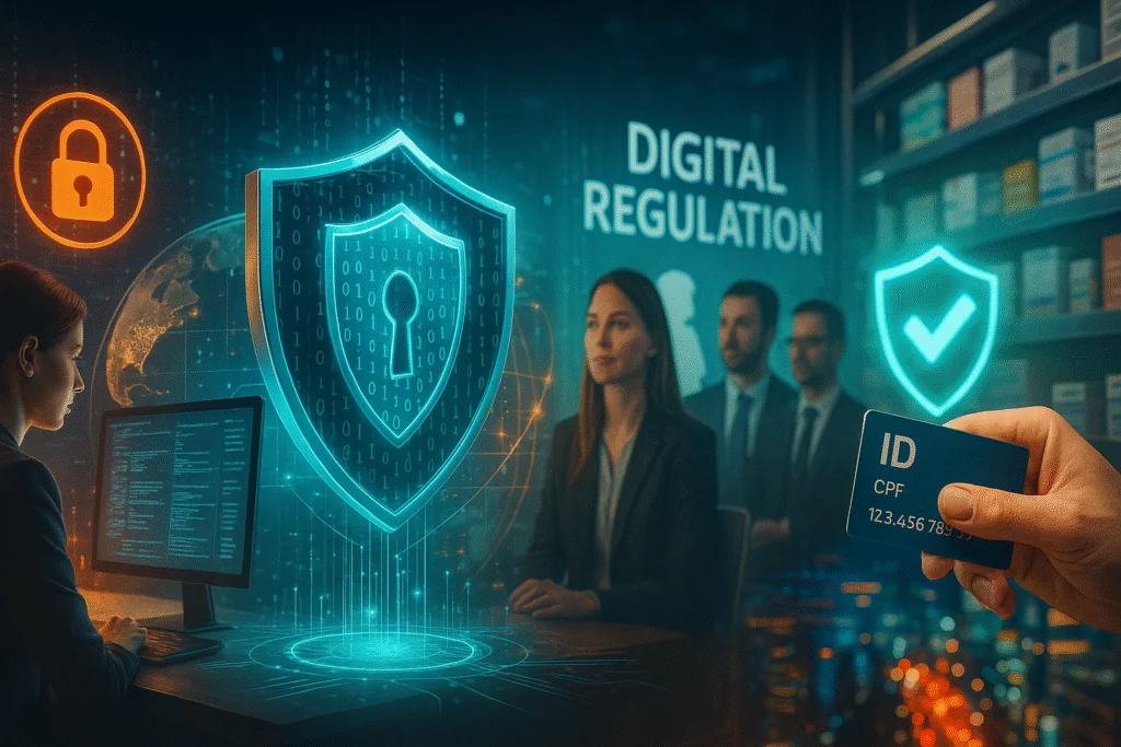 A imagem retrata um ambiente semi-realista e futurista, com um grande escudo digital no centro simbolizando proteção de dados, pessoas em reunião sobre regulação digital, um cartão de CPF em destaque e elementos tecnológicos iluminados em tons vibrantes de azul e laranja.