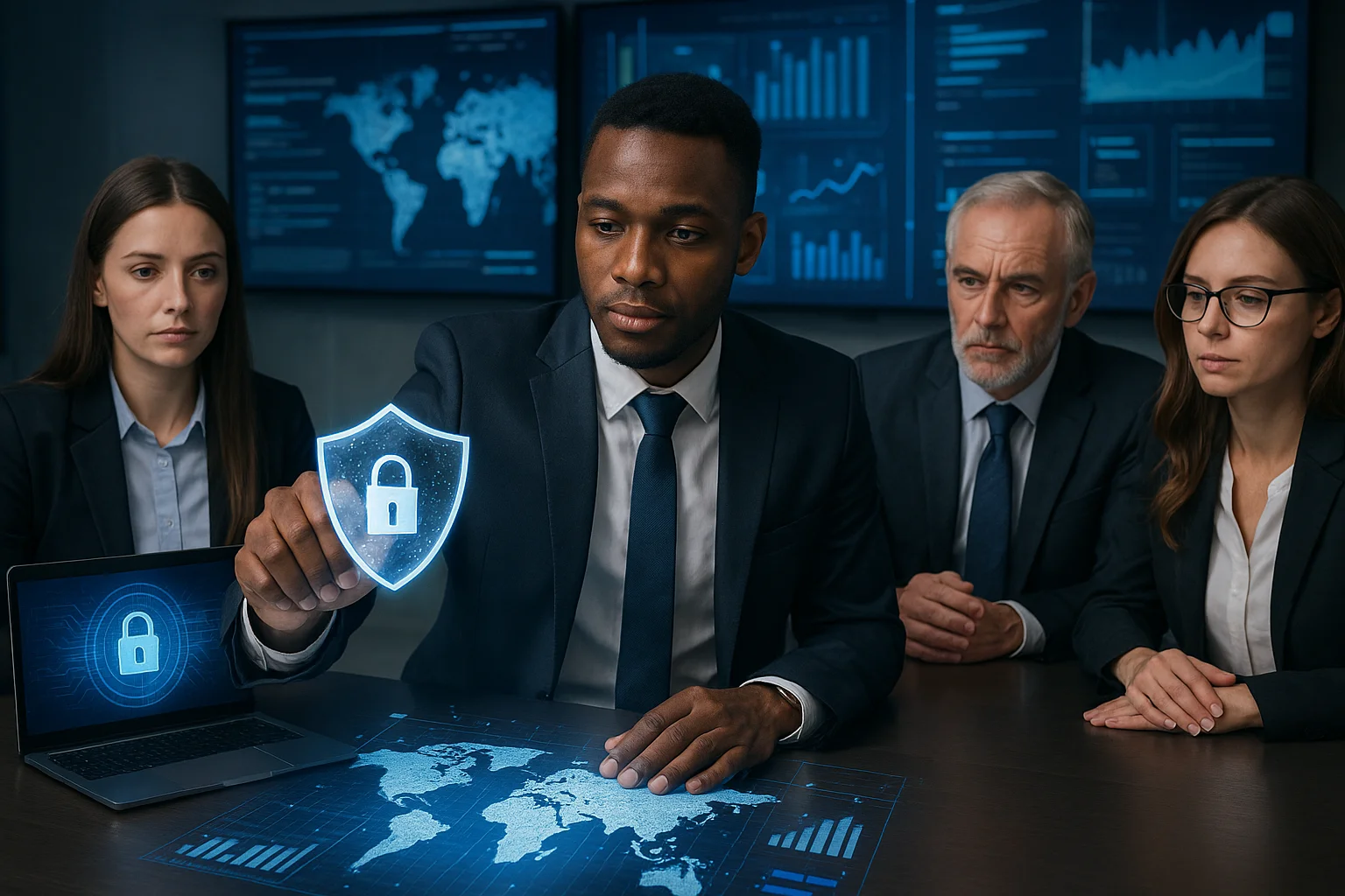 Na imagem, quatro profissionais estão reunidos em uma sala moderna de alta tecnologia. No centro, um homem jovem, de terno azul, interage com um holograma em forma de escudo iluminado por um cadeado digital, representando a proteção de dados. À sua frente, sobre a mesa, há um mapa-múndi projetado com gráficos digitais em tons de azul. Atrás dele, três colegas — duas mulheres e um homem mais velho — observam atentamente, enquanto grandes telas exibem gráficos e dados no fundo, reforçando o ambiente futurista e de governança digital.