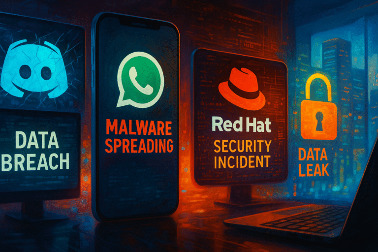 A imagem mostra um cenário digital futurista e colorido que representa ameaças cibernéticas globais. No centro, há telas e dispositivos com ícones e logotipos reconhecíveis — como o Discord, o WhatsApp e o Red Hat — acompanhados de textos como “Data Breach”, “Malware Spreading” e “Security Incident”. À direita, um grande cadeado laranja simboliza a proteção e o vazamento de dados (Data Leak). O fundo exibe uma cidade iluminada com tons vibrantes de azul, vermelho e laranja, sugerindo um ambiente tecnológico ativo e dinâmico. A composição mistura elementos de segurança digital, comunicação e risco em uma estética moderna e imersiva.