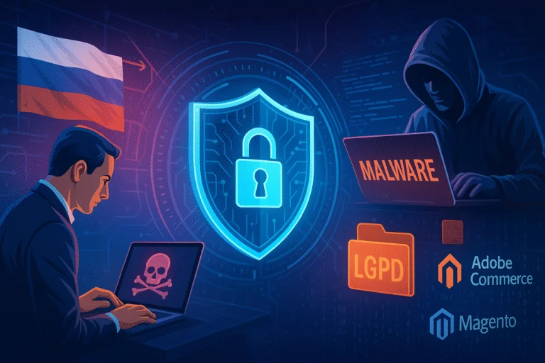 A imagem mostra uma cena digital futurista e colorida, representando o universo da cibersegurança. No centro, há um escudo luminoso com um cadeado holográfico simbolizando proteção de dados. À esquerda, um homem de terno trabalha em um laptop com uma tela exibindo um ícone de perigo, enquanto uma bandeira da Rússia aparece ao fundo, sugerindo a origem de ataques cibernéticos. À direita, um hacker encapuzado digita em outro computador, com a palavra “MALWARE” destacada em vermelho. Ícones da LGPD, Adobe Commerce e Magento completam a composição, em meio a um cenário digital repleto de circuitos e luzes azuladas.