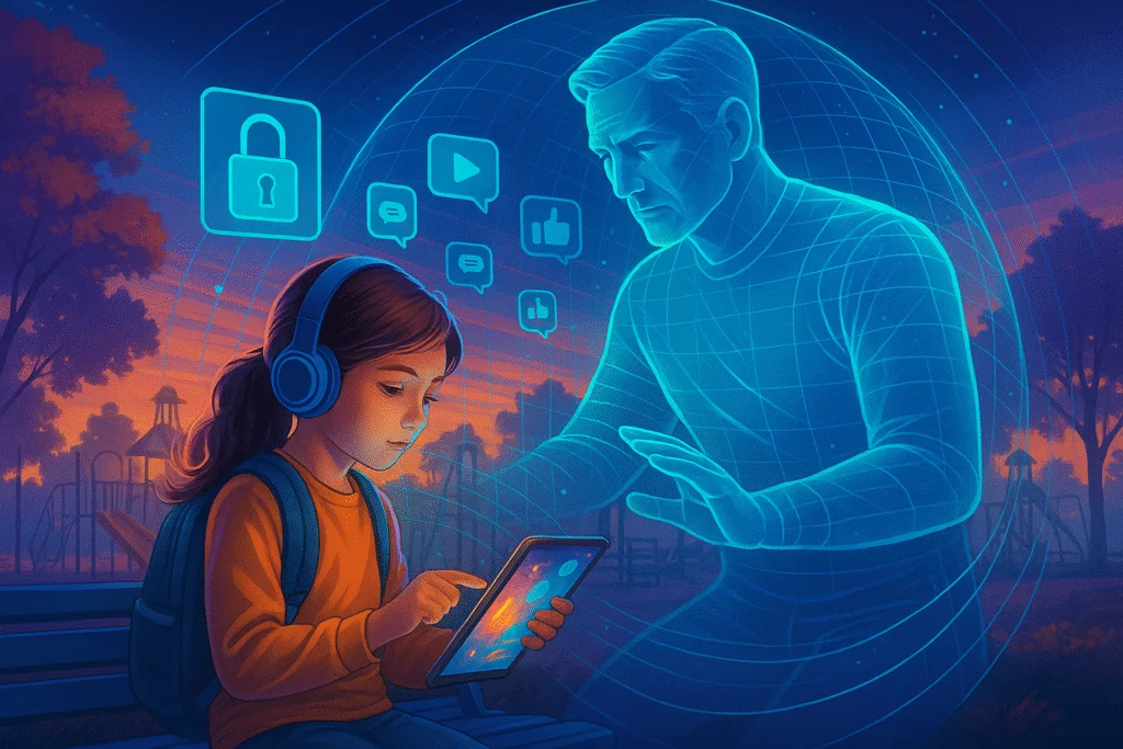 Uma menina de cerca de 10 anos está sentada em um banco de parque ao entardecer, usando fones de ouvido e interagindo com um tablet que emite luz colorida. Ao seu redor, surge a figura holográfica e translúcida de um adulto, projetando uma esfera de proteção digital. Ícones luminosos de cadeado, mensagens e vídeos flutuam no ar, simbolizando segurança, conectividade e monitoramento responsável. A cena mistura natureza e tecnologia, transmitindo a ideia de um ambiente digital seguro e acolhedor para crianças.