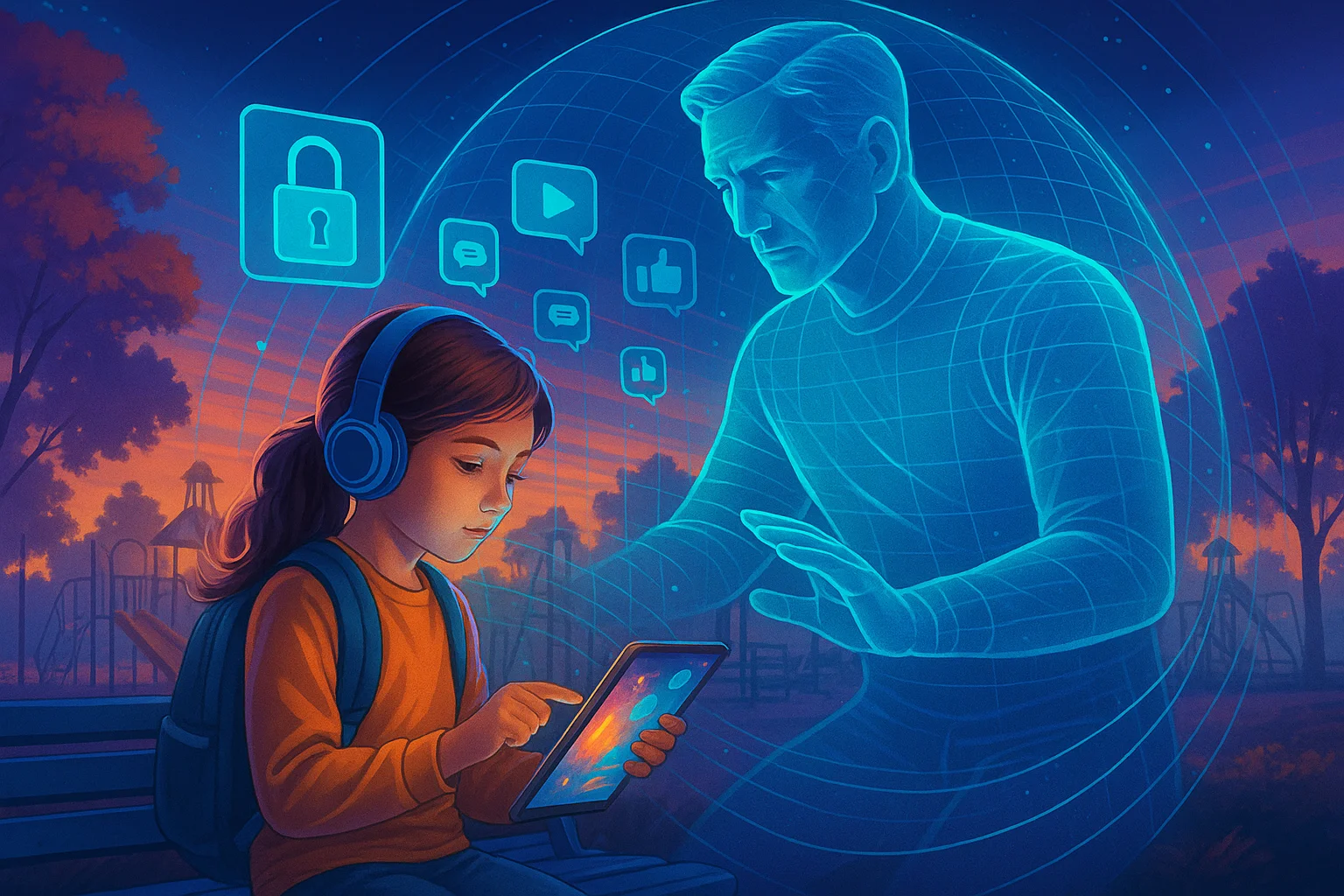 Uma menina de cerca de 10 anos está sentada em um banco de parque ao entardecer, usando fones de ouvido e interagindo com um tablet que emite luz colorida. Ao seu redor, surge a figura holográfica e translúcida de um adulto, projetando uma esfera de proteção digital. Ícones luminosos de cadeado, mensagens e vídeos flutuam no ar, simbolizando segurança, conectividade e monitoramento responsável. A cena mistura natureza e tecnologia, transmitindo a ideia de um ambiente digital seguro e acolhedor para crianças.