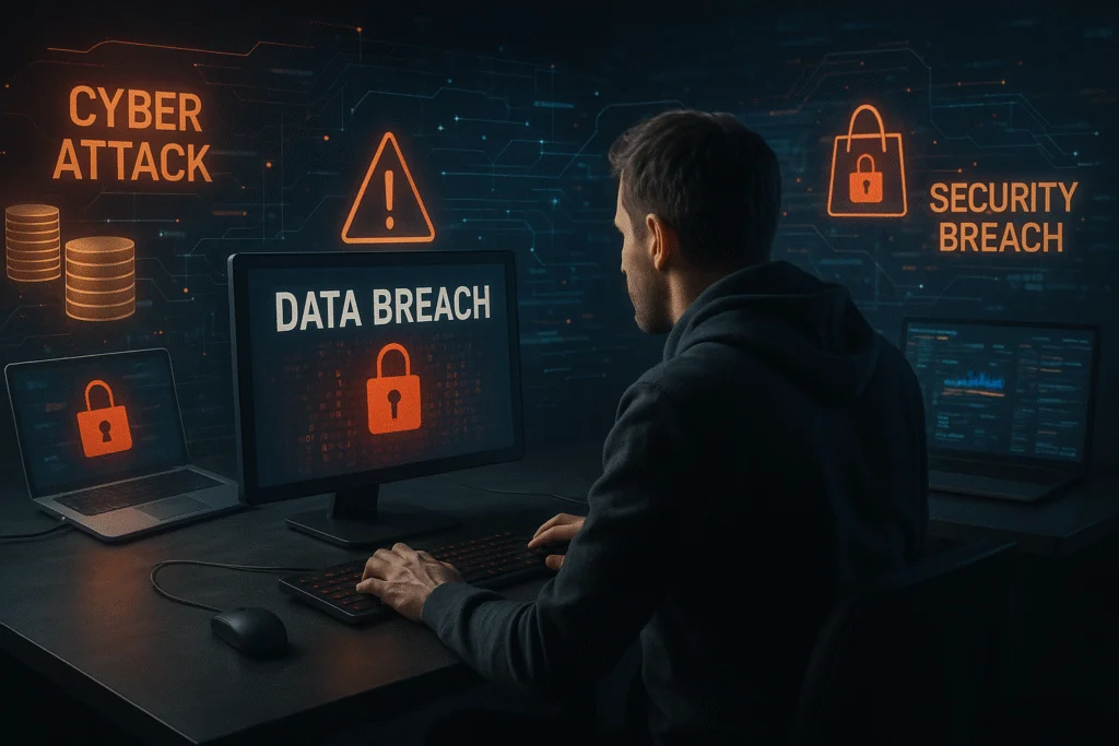 Ilustração futurista mostrando um profissional de tecnologia usando laptop, cercado por ícones digitais de cadeados, bancos e símbolos da justiça, representando cibersegurança, crimes virtuais e proteção de dados.