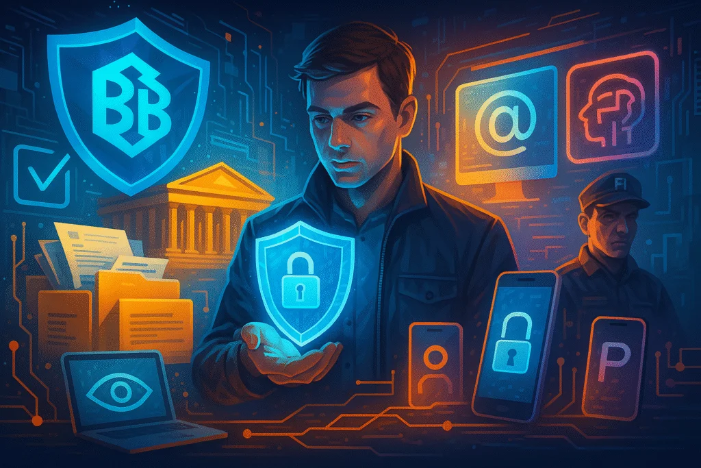 A imagem mostra uma cena futurista e tecnológica com tons vibrantes de azul e laranja. No centro, um homem observa um escudo digital luminoso com um cadeado, simbolizando a segurança de dados. Ao redor dele aparecem ícones e elementos como o logotipo do Banco do Brasil, símbolos de e-mail, inteligência artificial e dispositivos móveis protegidos. À esquerda, há pastas de documentos e um prédio que representa instituições públicas; à direita, um agente da polícia cibernética observa o ambiente. O cenário transmite a ideia de proteção de informações, combate a crimes digitais e avanço tecnológico no Brasil.