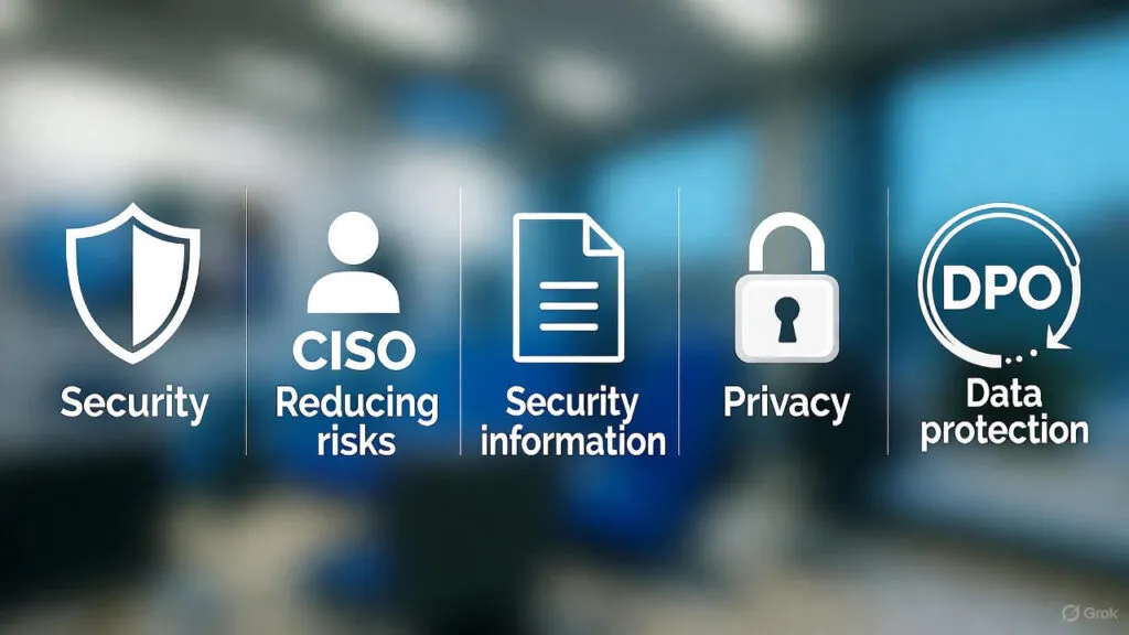 "Imagem horizontal com fundo desfocado de um ambiente tecnológico, exibindo cinco ícones representando segurança e proteção de dados. Da esquerda para a direita: um escudo branco sobre um círculo azul simbolizando 'Security' (segurança), uma silhueta de pessoa em círculo amarelo para 'Reducing risks' (redução de riscos), um documento em círculo azul para 'Security information' (informação de segurança), um cadeado em círculo verde para 'Privacy' (privacidade), e um círculo roxo com 'DPO' e seta para 'Data protection' (proteção de dados). A imagem destaca a colaboração entre CISO e DPO na gestão de riscos digitais de forma clara e moderna."