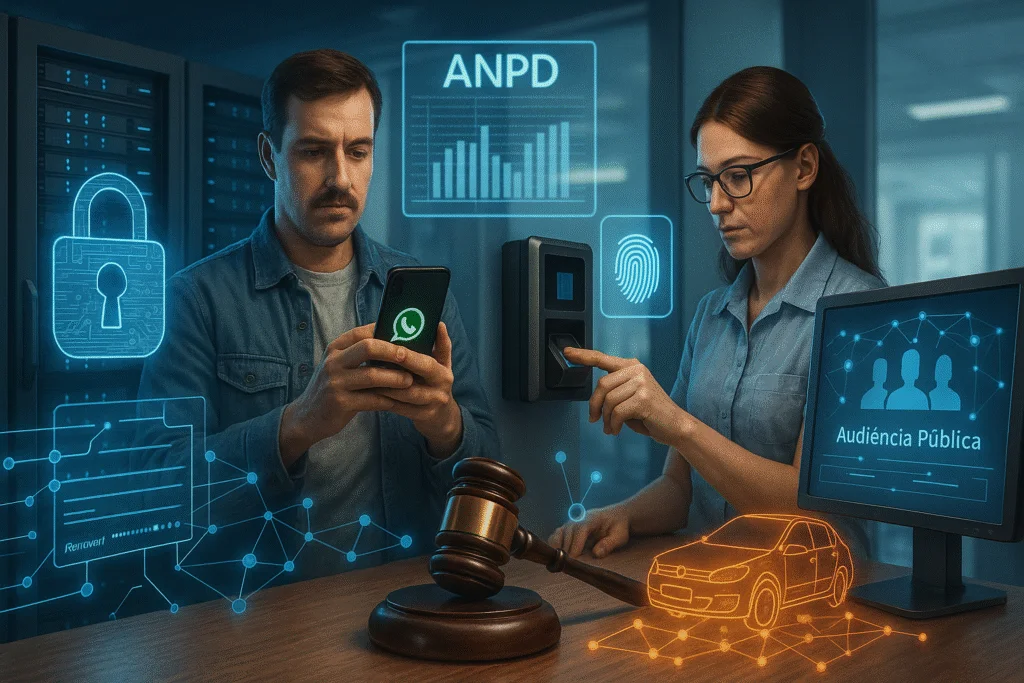 Cena futurista e realista em um ambiente corporativo de tecnologia. À esquerda, um homem segura um smartphone com o ícone do WhatsApp iluminado, enquanto hologramas de cadeado e dados digitais flutuam ao seu redor. À direita, uma mulher utiliza um leitor biométrico, com hologramas de impressão digital e gráficos da ANPD projetados no ar. Sobre a mesa, há um martelo de juiz e um holograma laranja de um carro, simbolizando fiscalização, segurança de dados e investigações. Telas e elementos digitais conectam todos os temas, representando privacidade, vazamentos, auditorias e ações regulatórias.