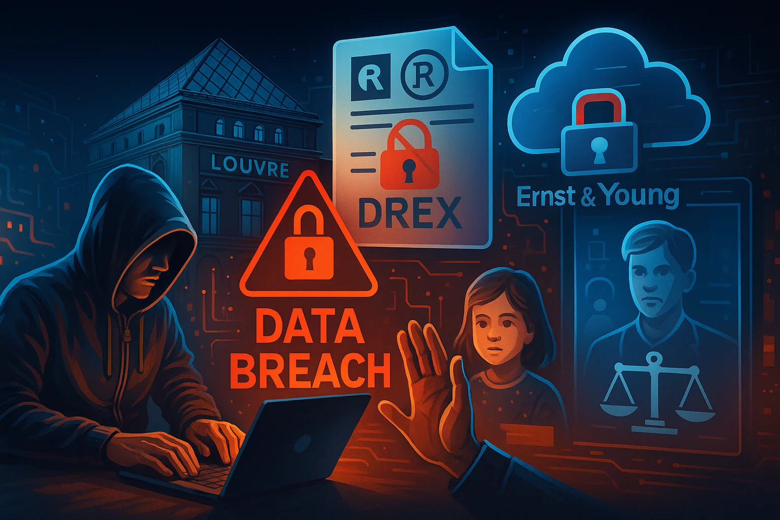 A ilustração digital apresenta um cenário futurista e vibrante, com foco em temas de cibersegurança e privacidade. À esquerda, um hacker encapuzado digita em um laptop, cercado por circuitos luminosos e símbolos de alerta. Ao fundo, o edifício do Museu do Louvre aparece iluminado, representando o caso de vulnerabilidade do museu. No centro, ícones de cadeados e avisos de “DATA BREACH” destacam o conceito de vazamento de dados, enquanto logotipos do DREX e da Ernst & Young aparecem sobrepostos a elementos tecnológicos e nuvens digitais. À direita, uma criança e uma balança de justiça simbolizam a proteção da imagem e dos direitos individuais. A composição usa tons azulados e alaranjados para equilibrar o clima de tensão e tecnologia avançada.
