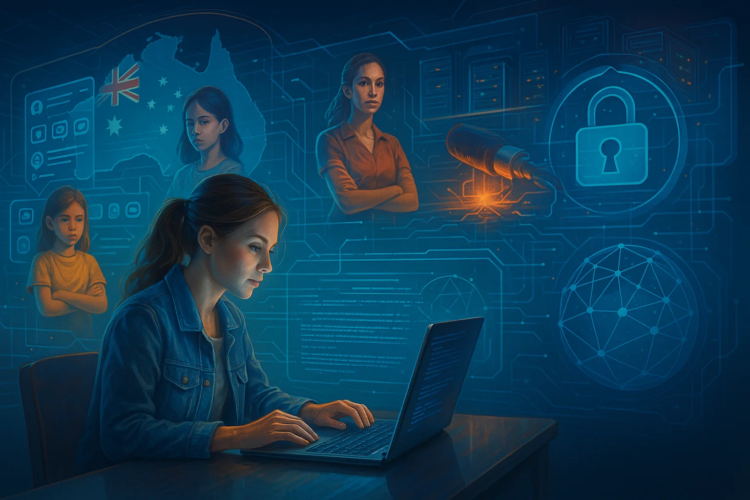 Uma mulher jovem trabalha concentrada em um laptop em uma sala futurista iluminada por tons de azul. À sua volta, hologramas digitais exibem temas relacionados à segurança da informação: um mapa da Austrália com perfis de crianças, ícones de redes sociais, representações de profissionais de cibersegurança, um cabo submarino danificado e símbolos de privacidade e criptografia. A composição integra elementos de tecnologia, proteção de dados e ameaças digitais em um ambiente moderno e imersivo.