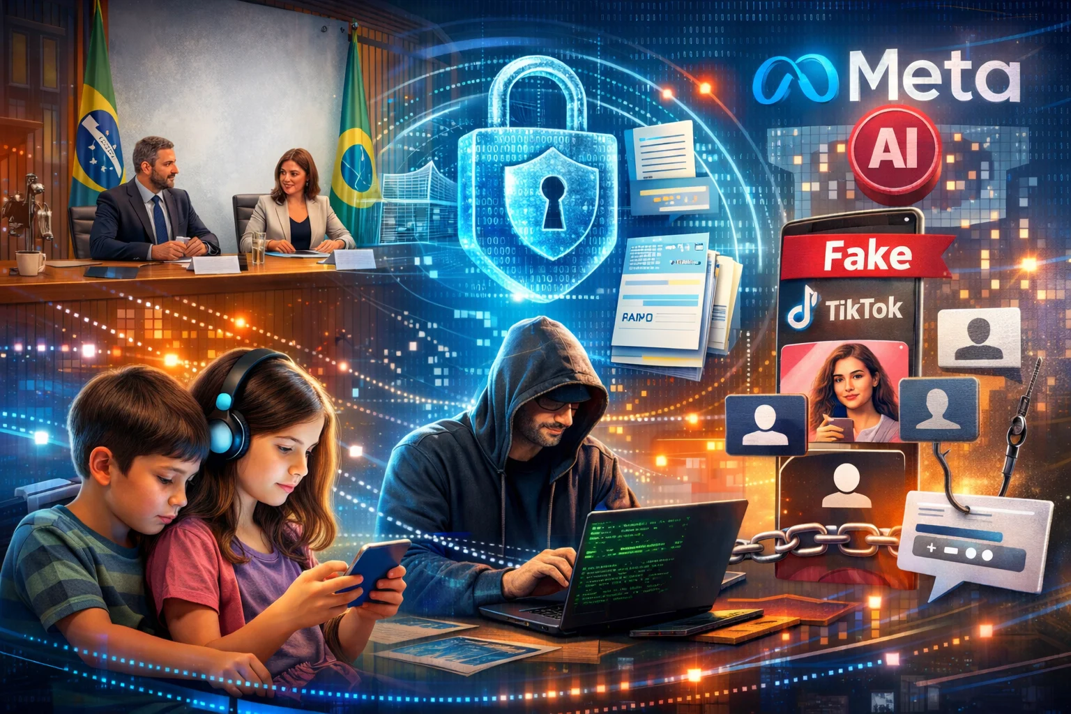 Imagem horizontal, realista e futurista, com cores vibrantes em tons de azul, laranja e neon, representando de forma integrada temas de proteção de dados, segurança digital e infância no ambiente online. À esquerda, autoridades em um ambiente institucional semelhante ao Congresso Nacional discutem políticas públicas, com bandeiras do Brasil ao fundo, simbolizando governança e regulação. No centro, um grande cadeado digital holográfico envolve fluxos de dados, representando privacidade, LGPD e segurança da informação. Em primeiro plano, duas crianças utilizam dispositivos móveis, conectadas a esse ambiente digital, simbolizando a infância online e a necessidade de proteção. À direita, elementos de riscos digitais aparecem de forma simbólica: um indivíduo encapuzado diante de um computador, ícones de redes sociais, perfis genéricos e sinais visuais de engenharia social e inteligência artificial. Linhas de dados e circuitos conectam todos os elementos, criando uma narrativa fluida sobre direitos digitais, cibersegurança, plataformas digitais e uso de dados pessoais na era da inteligência artificial.