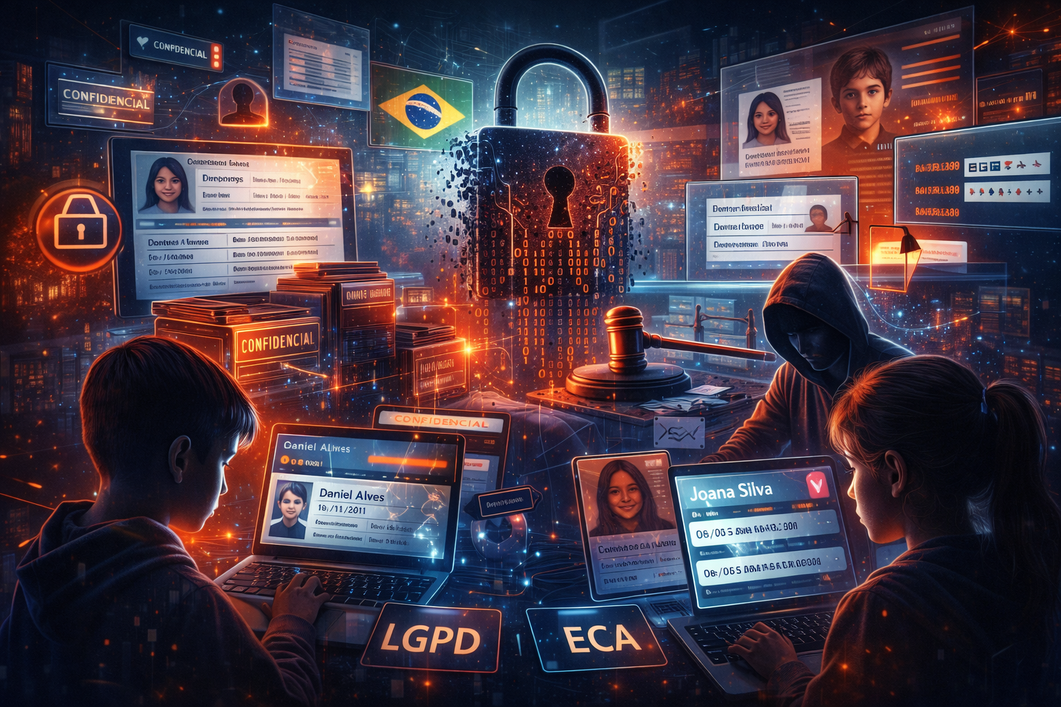 Ilustração realista e futurista em formato horizontal retratando a exposição indevida de dados pessoais de crianças e adolescentes no ambiente digital. Em primeiro plano, dois jovens utilizam computadores enquanto telas holográficas exibem informações sensíveis como nomes, datas de nascimento e registros pessoais, simbolizando dados vazados. Ao centro, um cadeado digital quebrado representa a falha na proteção da informação. Ao fundo, um ambiente tecnológico com servidores, documentos marcados como confidenciais, símbolos da LGPD e do ECA e a bandeira do Brasil reforça o contexto nacional. A cena transmite a ideia de risco silencioso, vulnerabilidade digital e a necessidade de proteção reforçada de dados de menores.