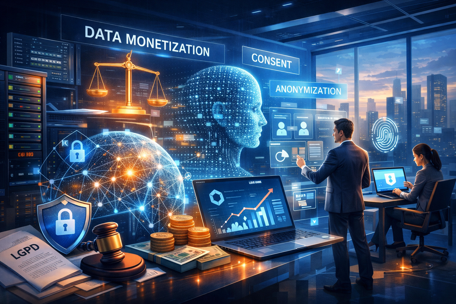 Imagem futurista e realista em formato horizontal que representa a economia dos dados e a monetização à luz da LGPD. Em um escritório tecnológico, profissionais analisam informações em telas digitais enquanto elementos holográficos exibem termos como “Data Monetization”, “Consent” e “Anonymization”. No centro, um rosto humano formado por dados simboliza o titular das informações. Ícones de cadeado, balança da justiça, impressão digital e documentos da LGPD indicam proteção de dados, governança, segurança da informação e limites jurídicos na exploração econômica de dados pessoais.