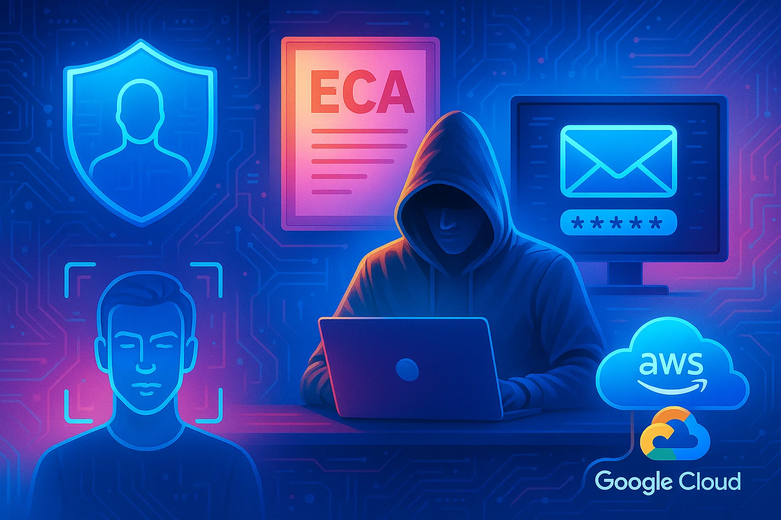 Ilustração futurista de cibersegurança mostrando um hacker encapuzado usando um laptop, rodeado por ícones digitais que representam proteção de dados, reconhecimento facial, documento do ECA Digital e serviços em nuvem da AWS e Google Cloud, sobre um fundo tecnológico repleto de circuitos e elementos luminosos.