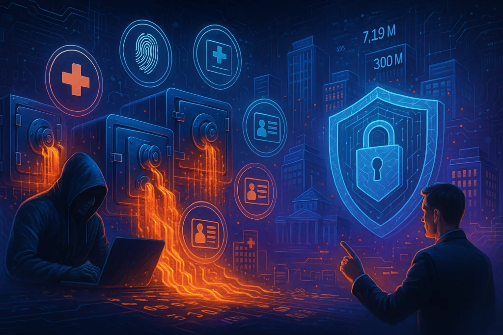 Ilustração futurista e realista mostrando um cenário de cibersegurança no Brasil em 2025, com um hacker operando um laptop, hologramas de dados sensíveis vazando, símbolos de biometria e documentos pessoais, prédios digitais vulneráveis e um DPO acionando proteções, tudo iluminado por cores neon em tons de azul, roxo e laranja.