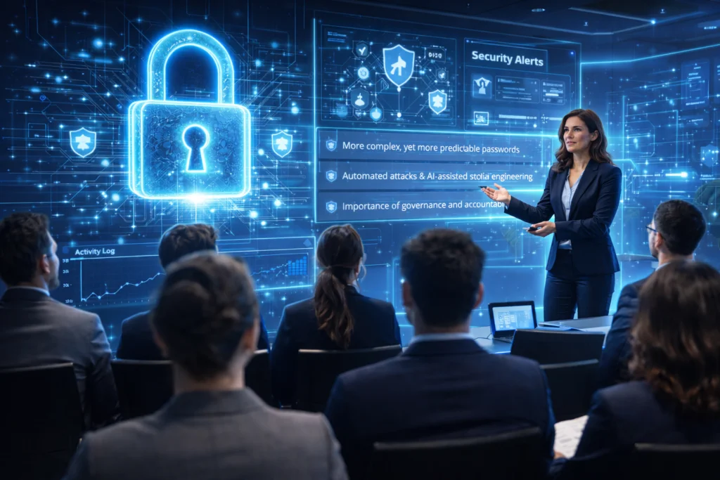 A imagem mostra uma palestra abordando os riscos de senhas que são padronizadas, abordando a cibersegurança