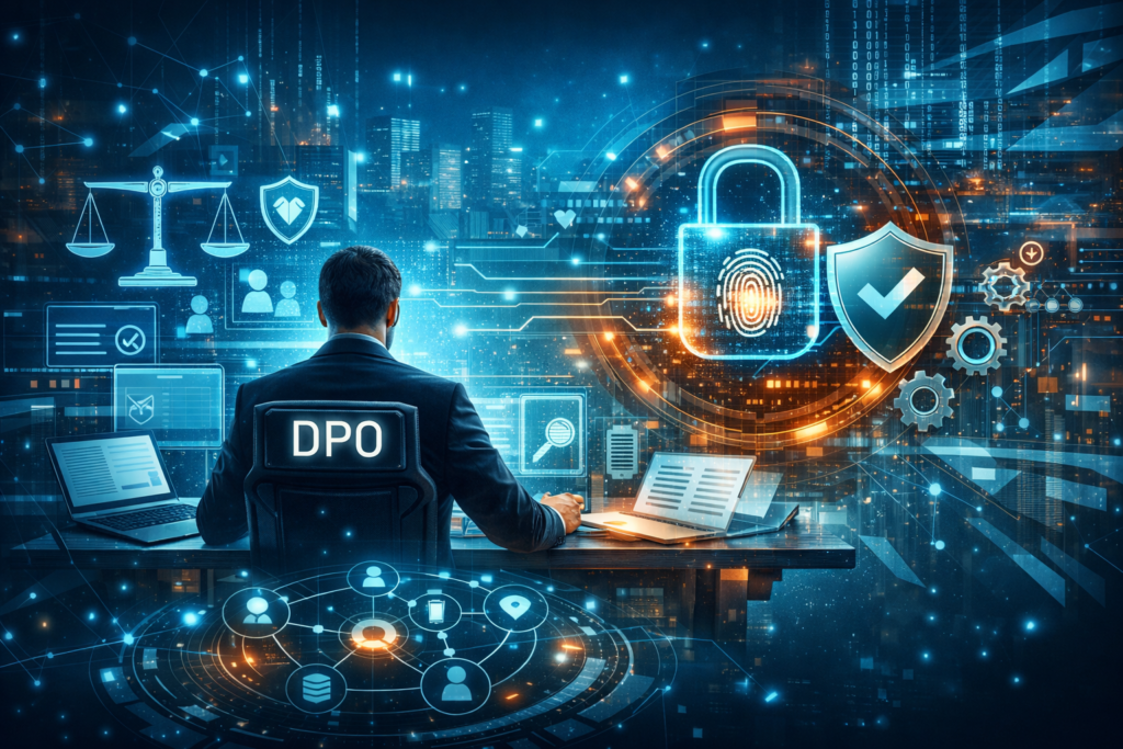Imagem futurista que representa o papel do DPO na LGPD, integrando governança, segurança da informação, compliance, responsabilidade civil e proteção de dados pessoais.