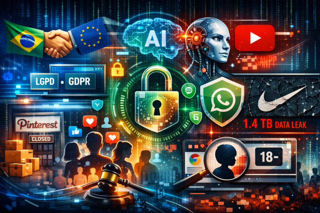 Imagem horizontal futurista que reúne os principais temas das notícias da semana sobre privacidade e tecnologia: aperto de mãos entre Brasil e União Europeia simbolizando adequação em proteção de dados, ícones de LGPD e GDPR, inteligência artificial representada por cérebro digital, cadeado luminoso indicando segurança da informação, escudo do WhatsApp com proteção reforçada, símbolo do YouTube associado à identificação de menores, pessoas conectadas às redes sociais, referência ao Pinterest em reestruturação, martelo da justiça digital e alerta de vazamento de dados corporativos, em um cenário tecnológico e criativo.