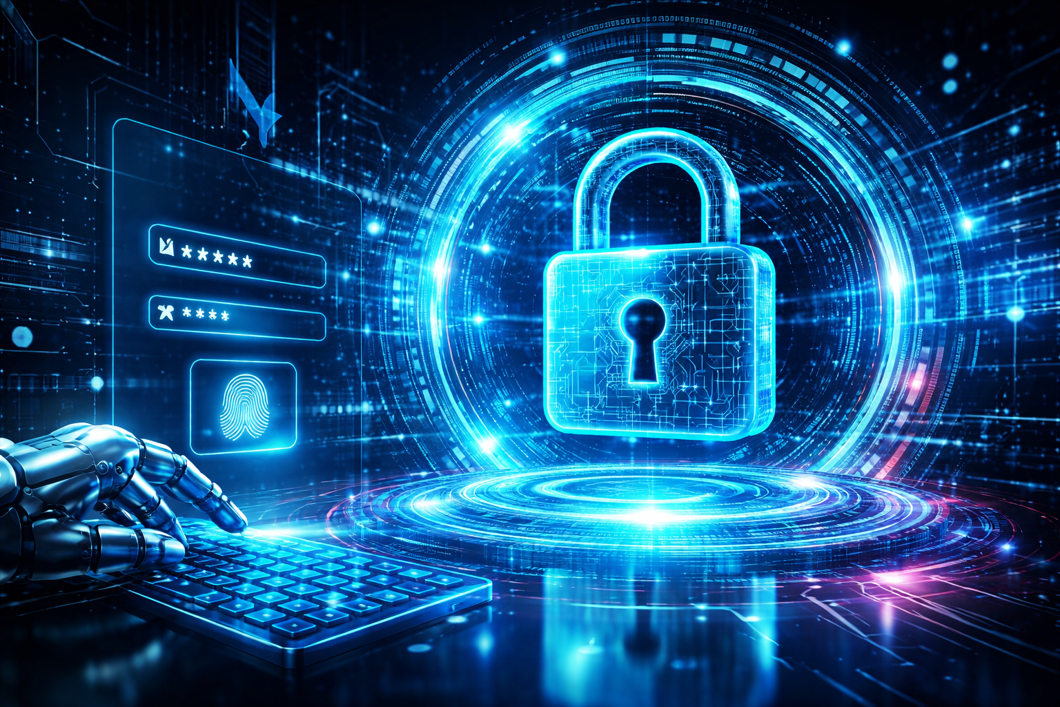 DPO as a Service informa que a imagem retrata o tema do artigo, com cadeados e teclados em tons azulados.