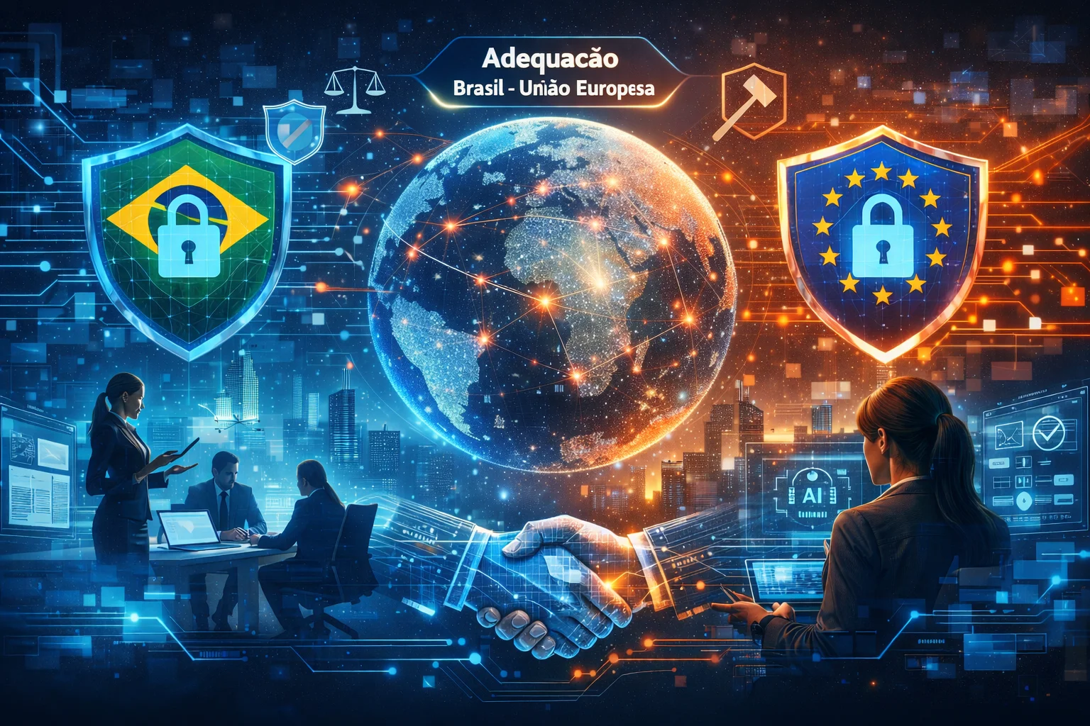 Ilustração futurista em formato horizontal representando o reconhecimento de adequação em proteção de dados entre Brasil e União Europeia, com escudos digitais, cadeados, globo conectado por redes de dados e elementos tecnológicos que simbolizam governança, segurança da informação e cooperação internacional.