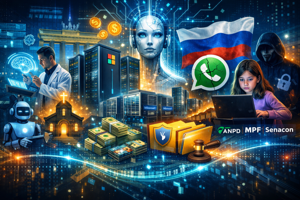 Imagem que representa os principais acontecimentos da semana: avanços em inteligência artificial na saúde, expansão de data centers no Brasil, investimentos bilionários das big techs, tensões geopolíticas envolvendo plataformas digitais, proteção de crianças na internet e a atuação da ANPD na governança e segurança de dados.